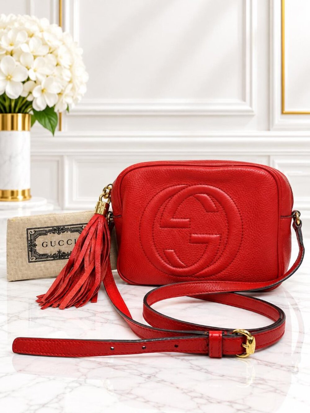 Authentic Gucci Soho Disco Red Leather Crossbody Bag GG Logo Tassel Luxury Purse